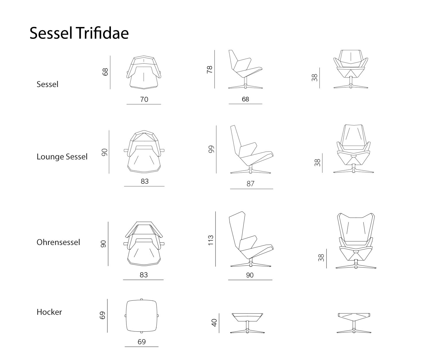 Prostoria Poltrona Collezione Trifidae Dimensioni Dimensioni Schizzo Dimensioni