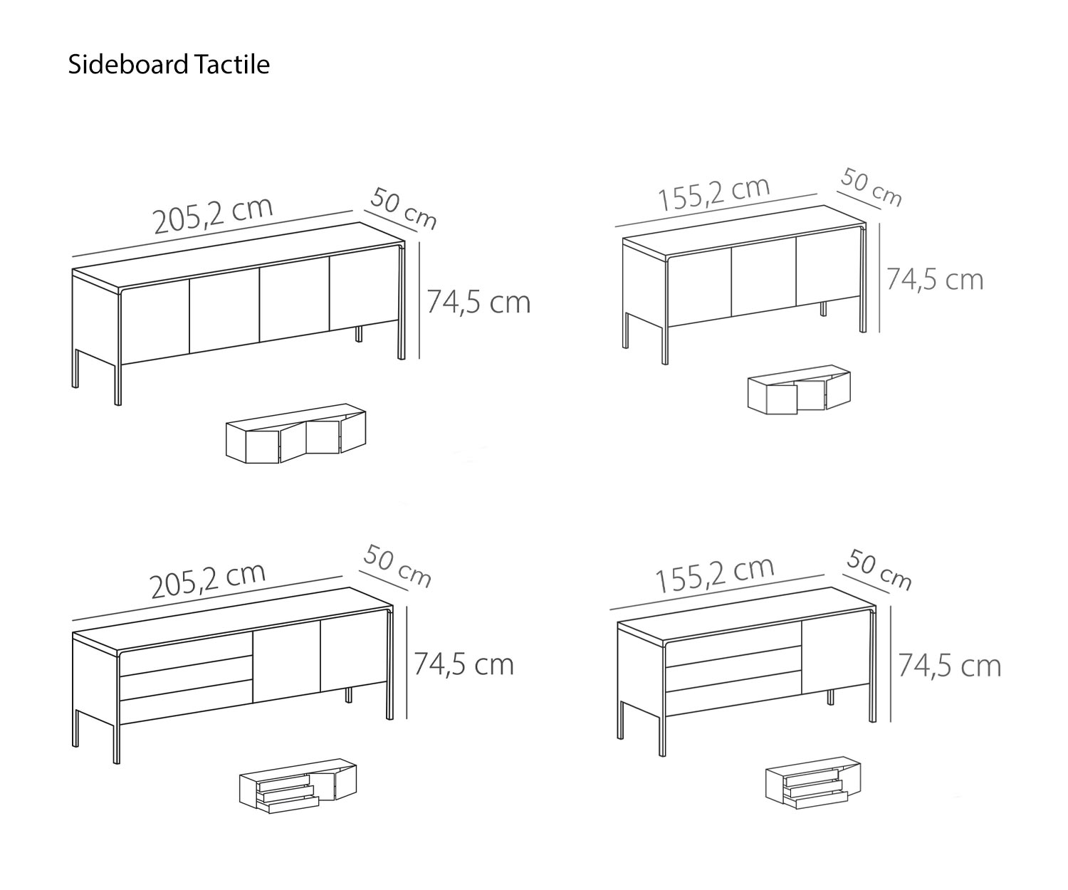 Buffet di design di Punt Tactile 3 ante Schizzo Dimensioni Dimensioni Dimensioni