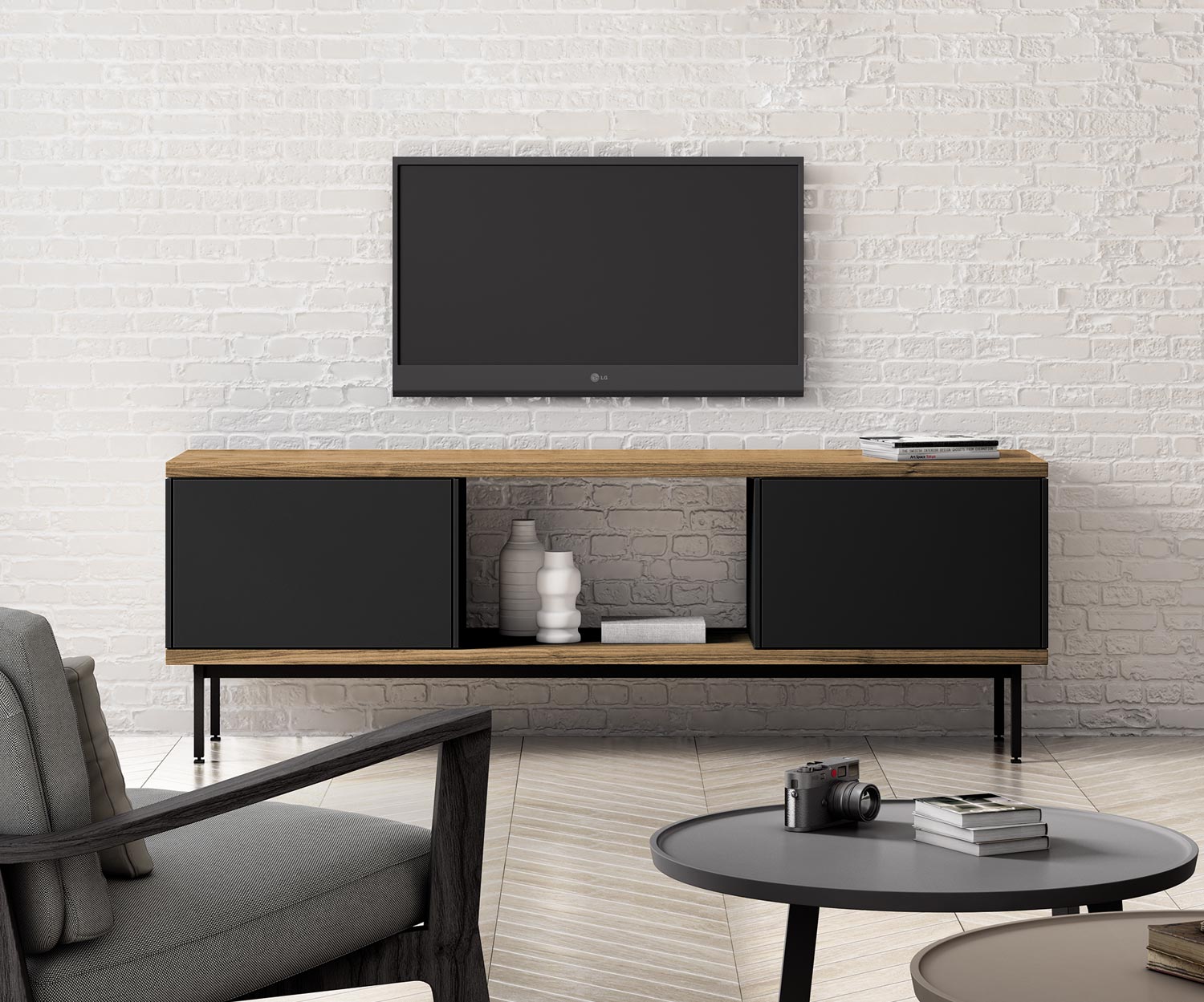 Credenza design per TV Punt Doghe in soggiorno con parete attrezzata per TV