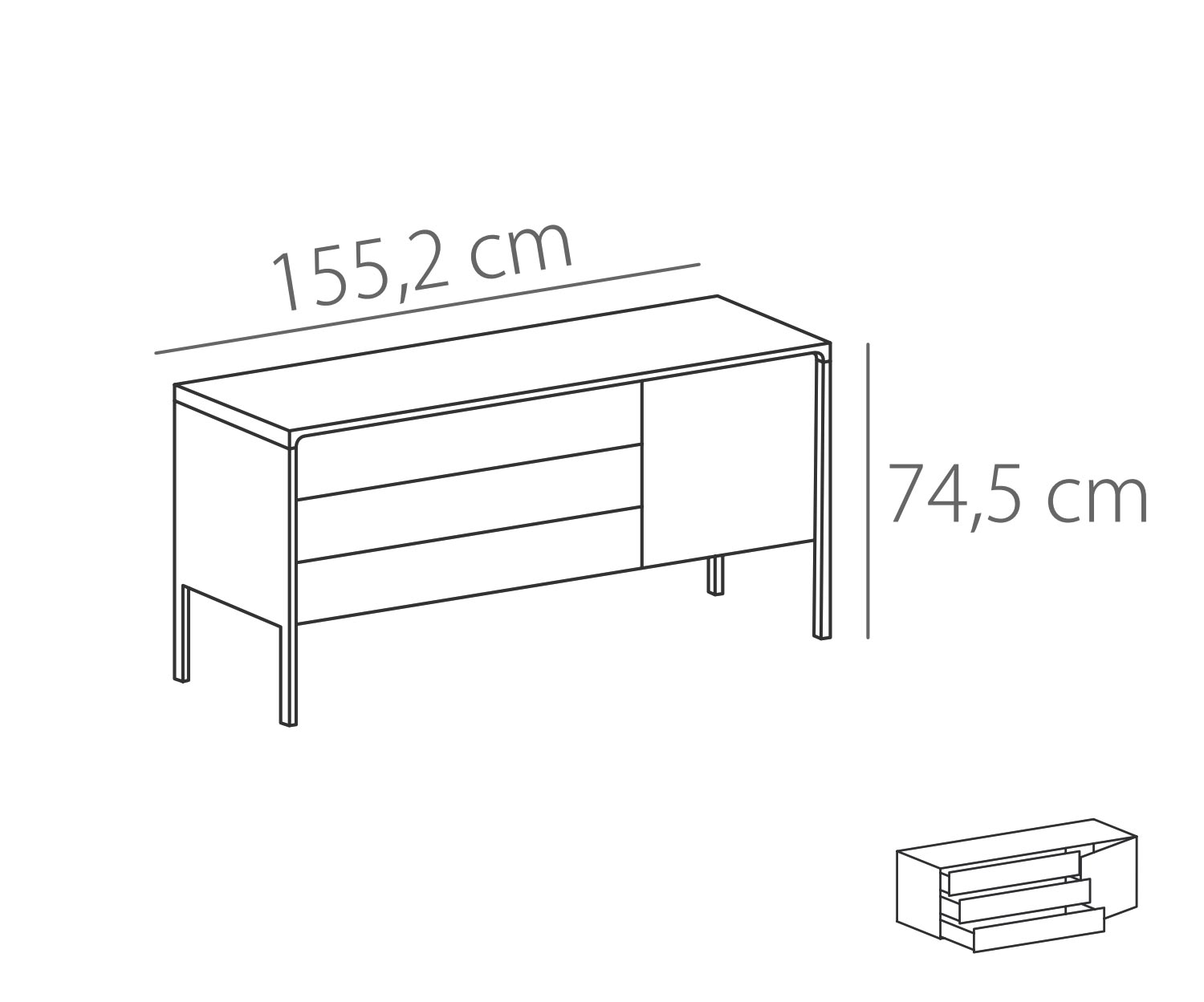 Punt Credenza Rovere Tactile Bianco Tactile B 155 3 cassetti + 1 anta Bozzetto