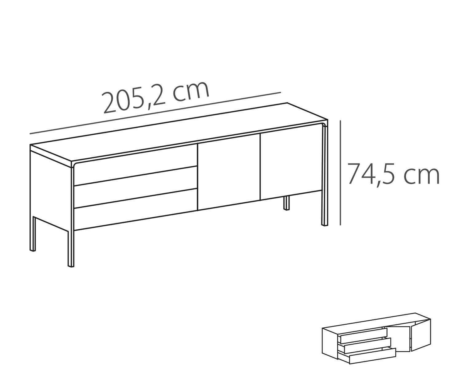 Punt Credenza Noce tattile Noce tattile B 205 3 cassetti + 2 ante Schizzo