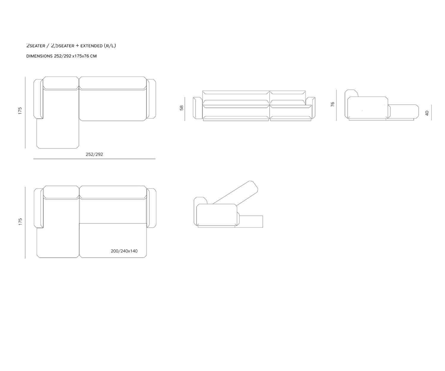 Prostoria Divano letto di design Fade 2,5 posti Sketch Dimensioni