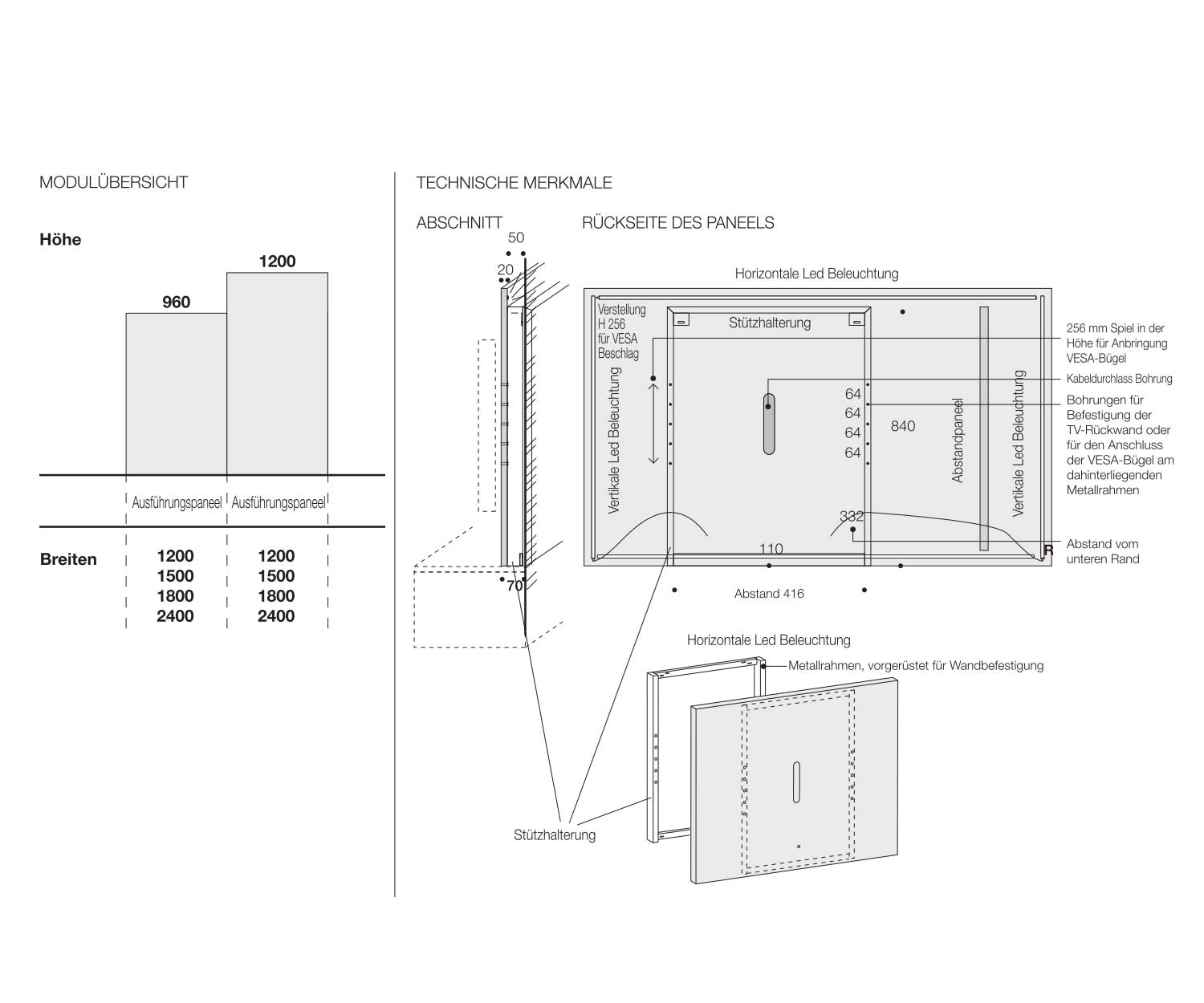 Pannello da parete design per TV 120 150 180 240 cm di larghezza Dimensioni Schizzo Misure Misure