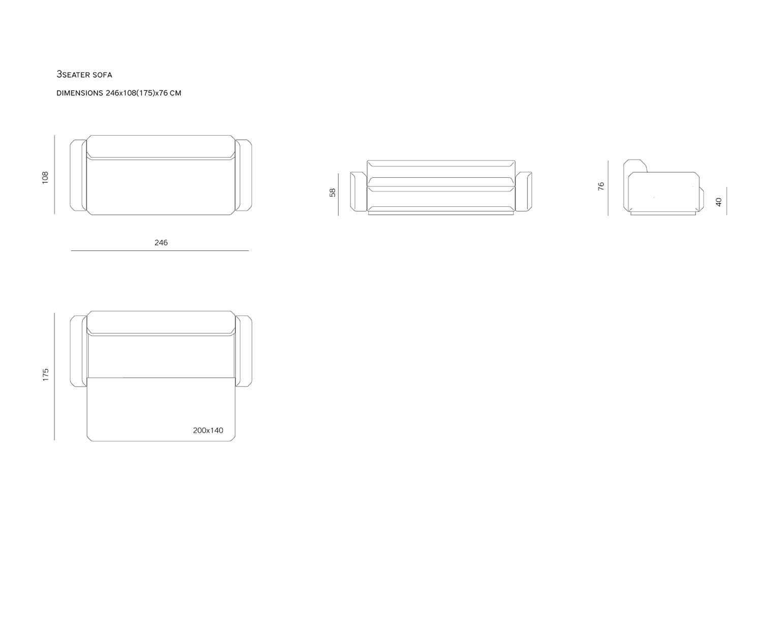 Prostoria Divano letto design Fade 3 posti schizzo dimensioni