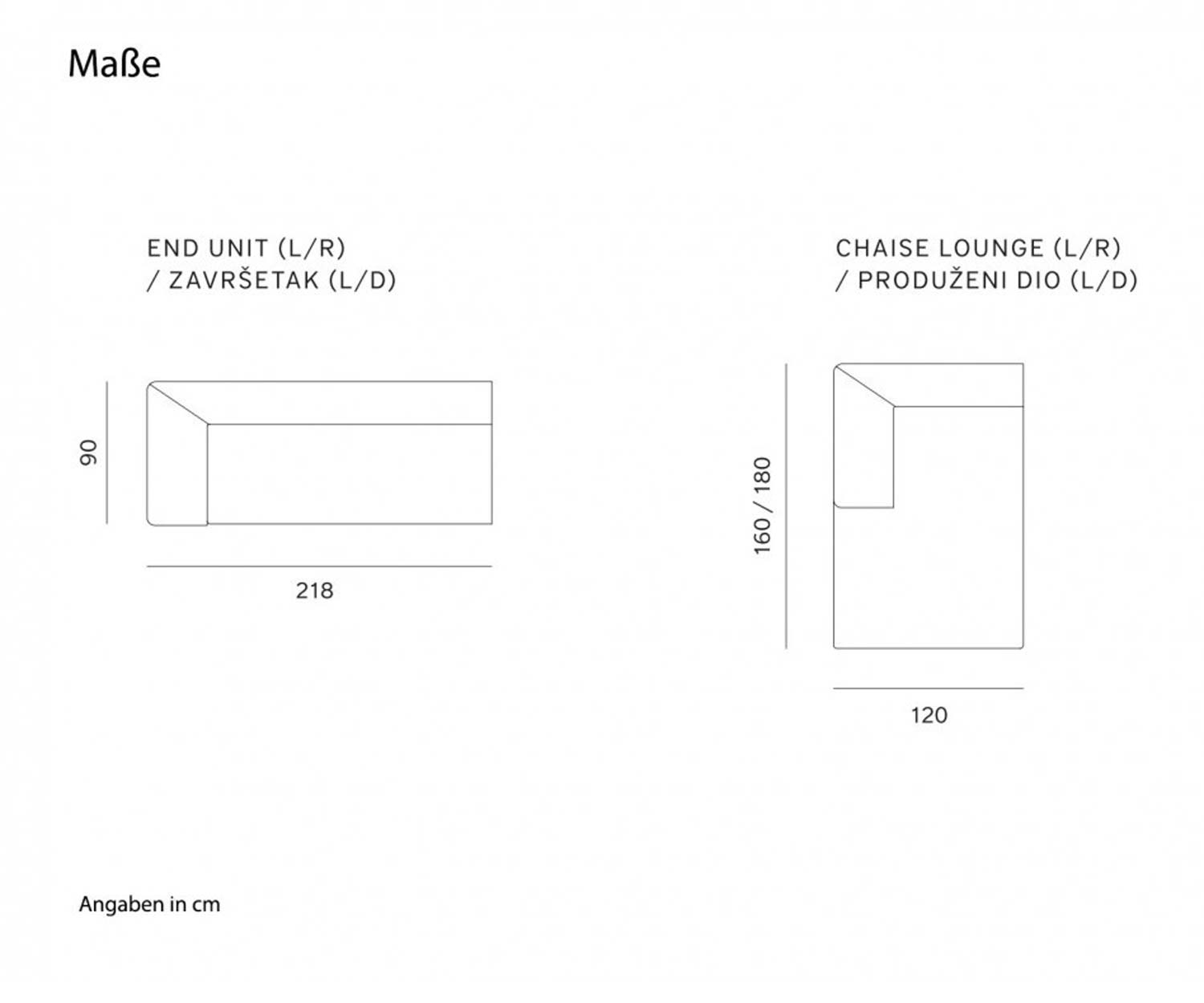 Prostoria Divano angolare Seam con chaise longue Dimensioni Dimensioni Schizzo in cm